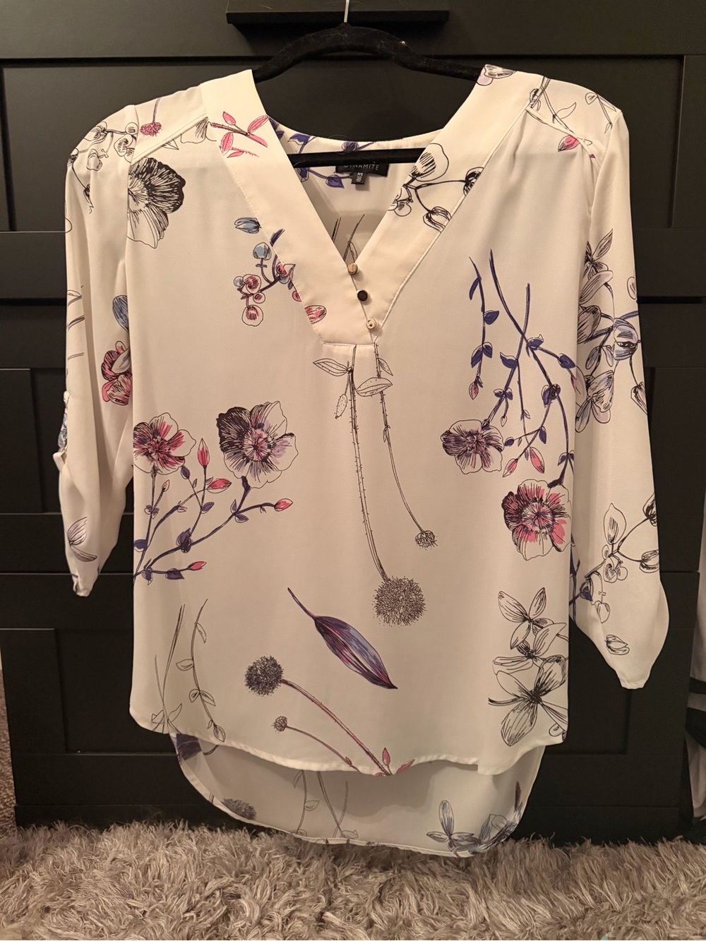 Dynamite Cream Floral V-Neck Blouse with Pink & Blue Accents
